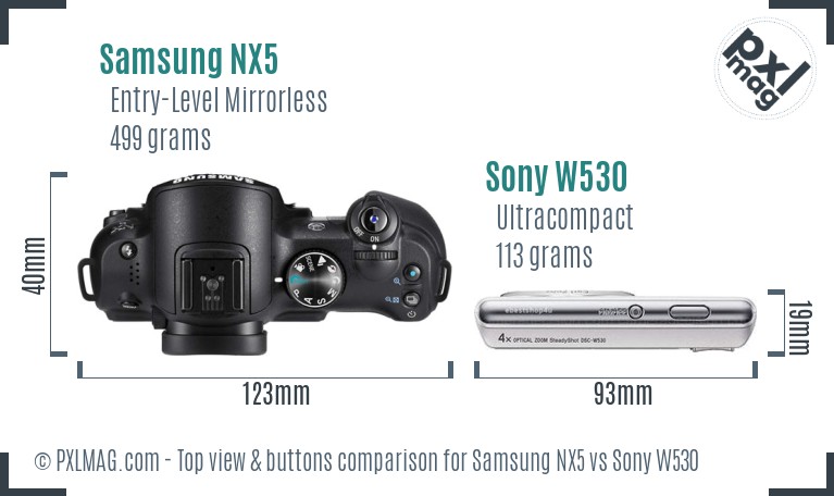 Samsung NX5 vs Sony W530 top view buttons comparison