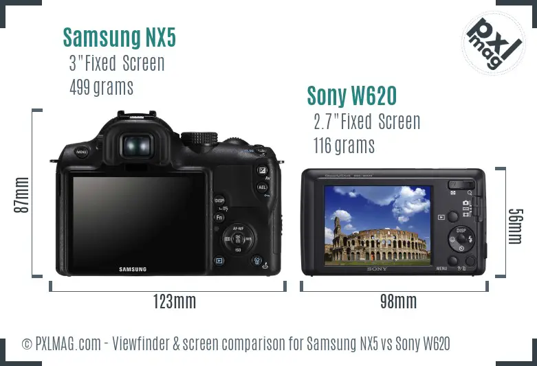 Samsung NX5 vs Sony W620 Screen and Viewfinder comparison
