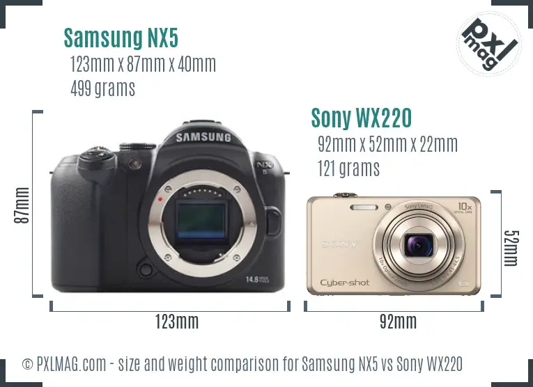 Samsung NX5 vs Sony WX220 size comparison