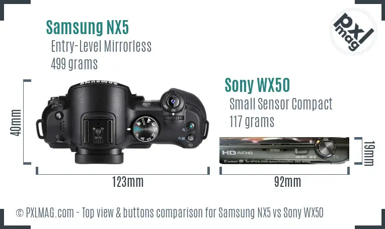 Samsung NX5 vs Sony WX50 top view buttons comparison