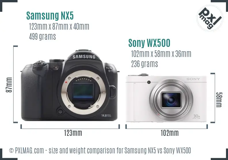 Samsung NX5 vs Sony WX500 size comparison