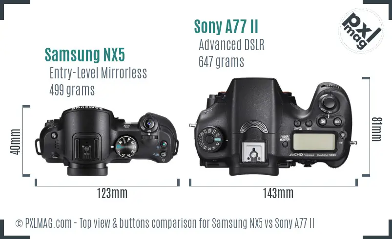 Samsung NX5 vs Sony A77 II top view buttons comparison