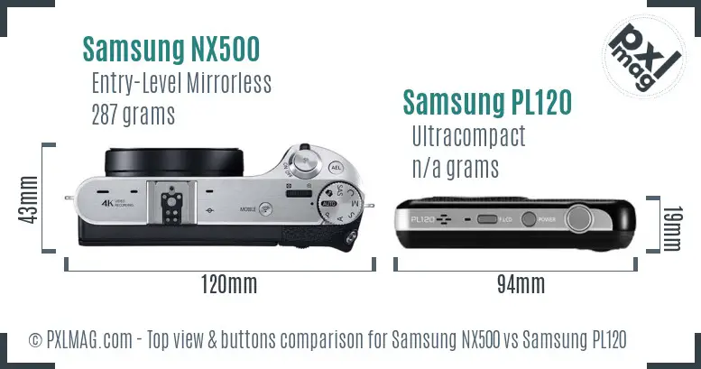Samsung NX500 vs Samsung PL120 top view buttons comparison