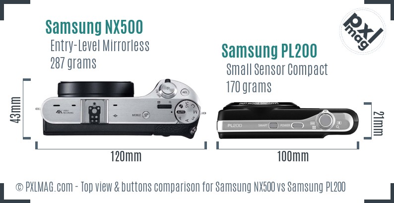 Samsung NX500 vs Samsung PL200 top view buttons comparison