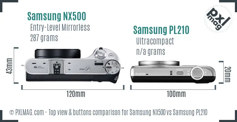 Samsung NX500 vs Samsung PL210 top view buttons comparison
