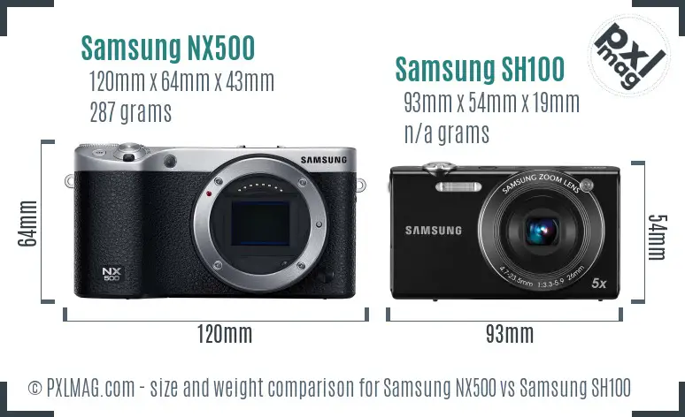 Samsung NX500 vs Samsung SH100 size comparison