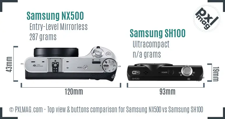 Samsung NX500 vs Samsung SH100 top view buttons comparison