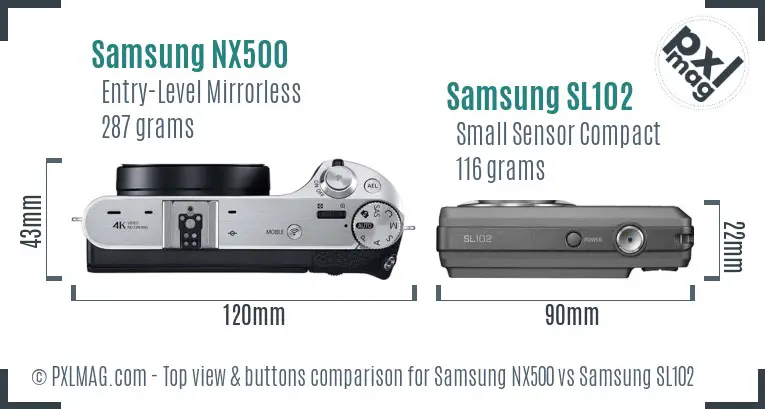 Samsung NX500 vs Samsung SL102 top view buttons comparison