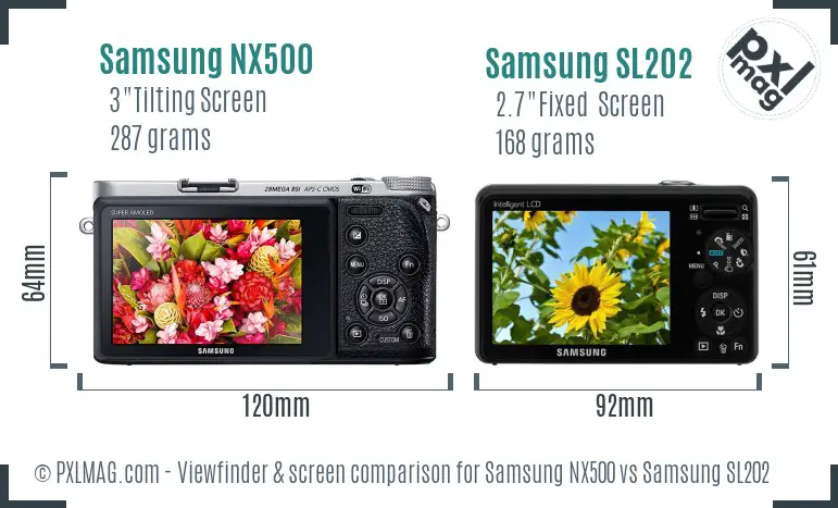 Samsung NX500 vs Samsung SL202 Screen and Viewfinder comparison