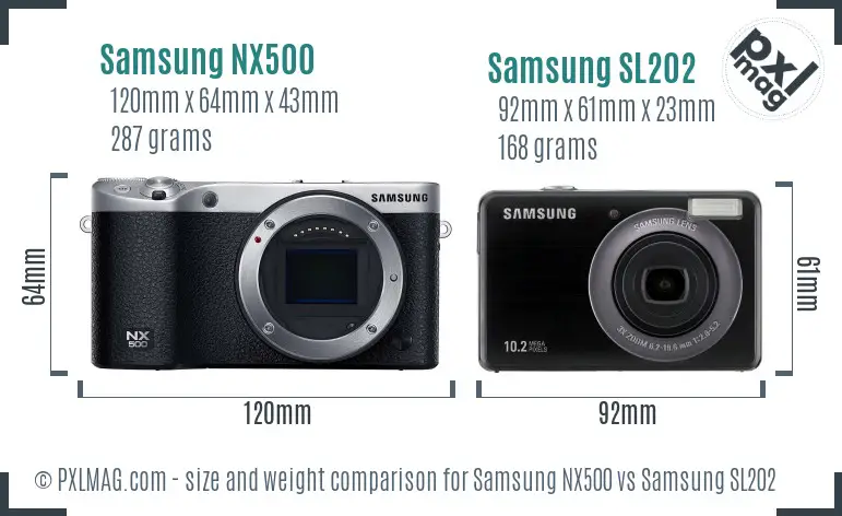 Samsung NX500 vs Samsung SL202 size comparison
