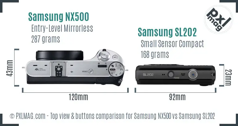 Samsung NX500 vs Samsung SL202 top view buttons comparison