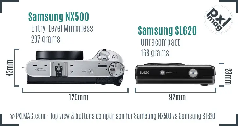 Samsung NX500 vs Samsung SL620 top view buttons comparison