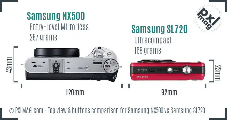Samsung NX500 vs Samsung SL720 top view buttons comparison
