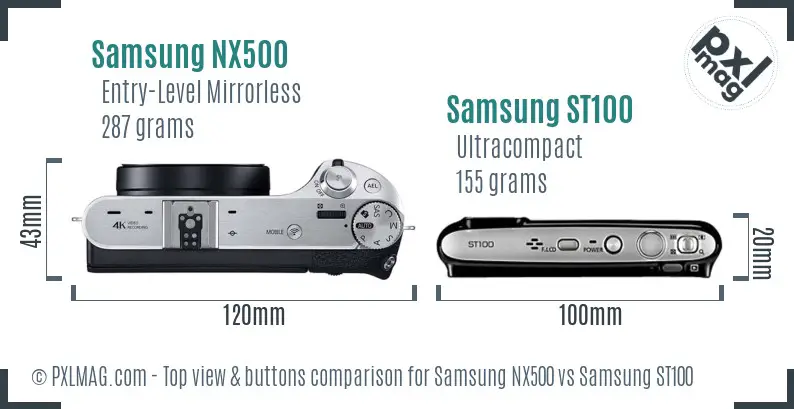 Samsung NX500 vs Samsung ST100 top view buttons comparison