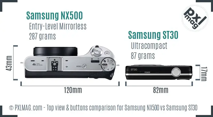 Samsung NX500 vs Samsung ST30 top view buttons comparison