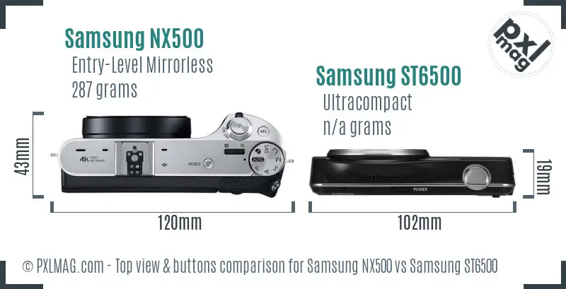Samsung NX500 vs Samsung ST6500 top view buttons comparison