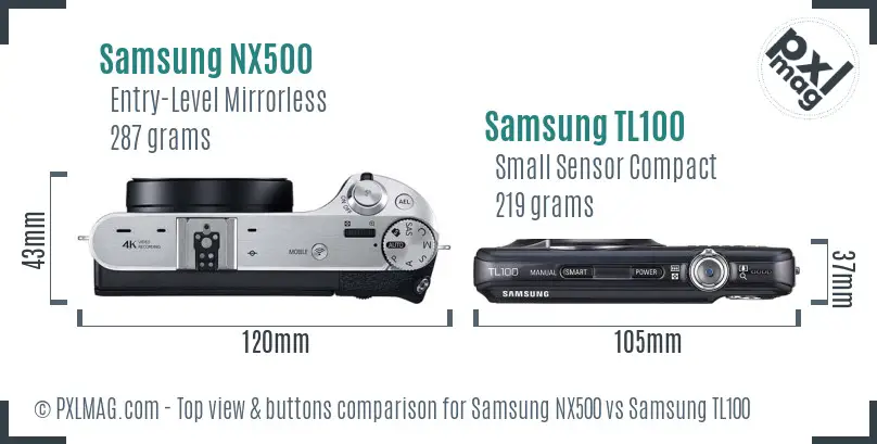 Samsung NX500 vs Samsung TL100 top view buttons comparison