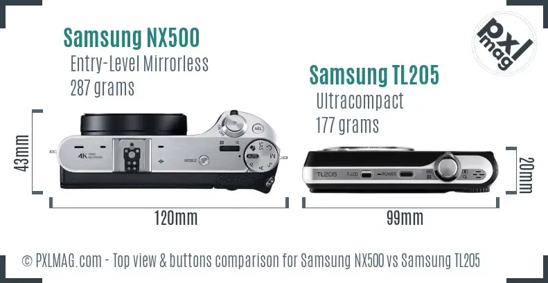 Samsung NX500 vs Samsung TL205 top view buttons comparison