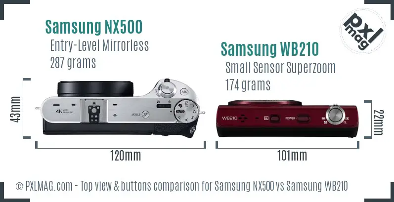Samsung NX500 vs Samsung WB210 top view buttons comparison Samsung NX500 vs Samsung WB210 top view buttons comparison