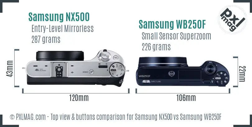 Samsung NX500 vs Samsung WB250F top view buttons comparison