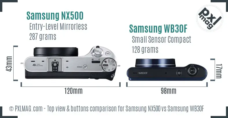 Samsung NX500 vs Samsung WB30F top view buttons comparison