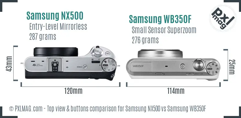 Samsung NX500 vs Samsung WB350F top view buttons comparison