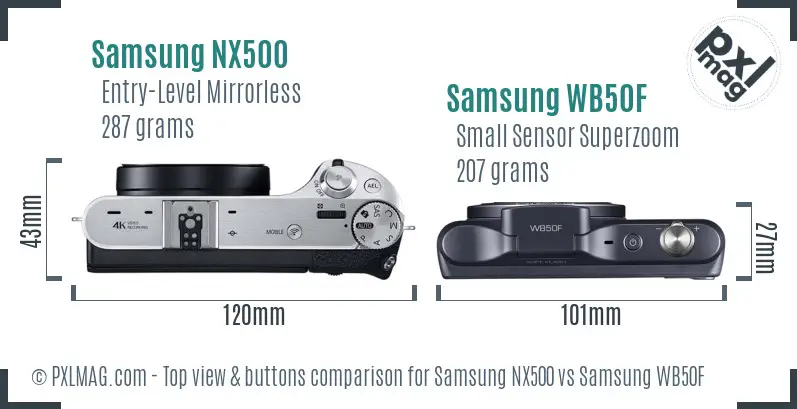 Samsung NX500 vs Samsung WB50F top view buttons comparison