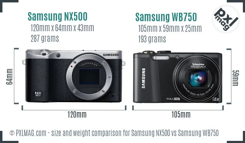 Samsung NX500 vs Samsung WB750 size comparison