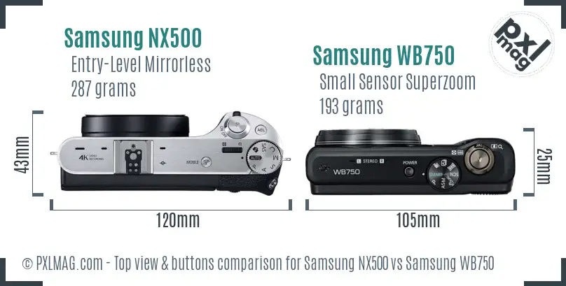 Samsung NX500 vs Samsung WB750 top view buttons comparison