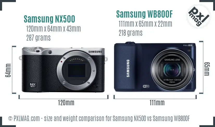 Samsung NX500 vs Samsung WB800F size comparison