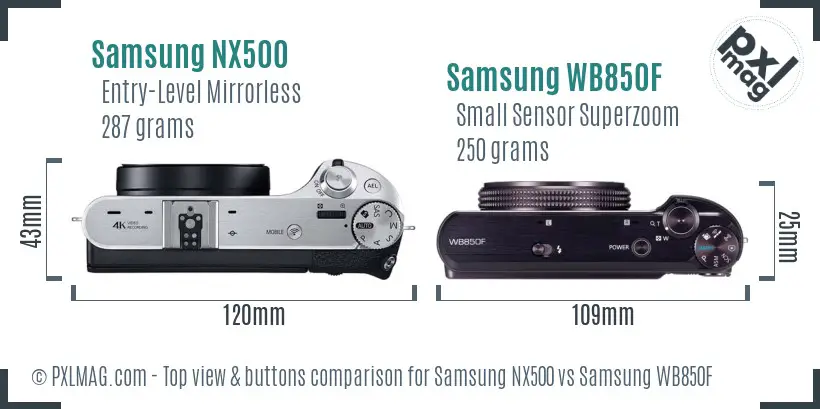 Samsung NX500 vs Samsung WB850F top view buttons comparison