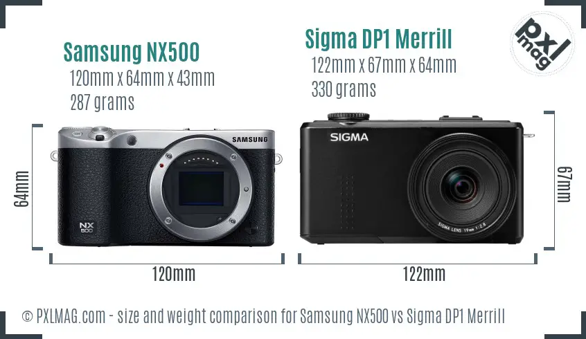 Samsung NX500 vs Sigma DP1 Merrill size comparison