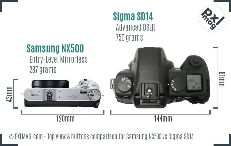 Samsung NX500 vs Sigma SD14 top view buttons comparison