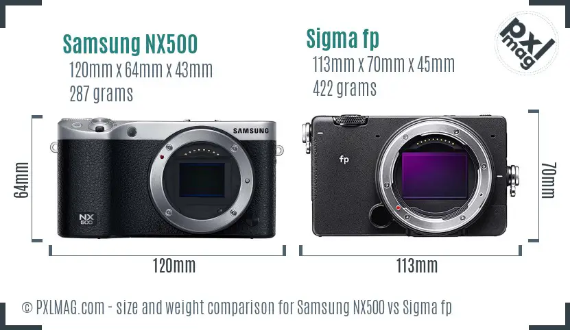 Samsung NX500 vs Sigma fp size comparison