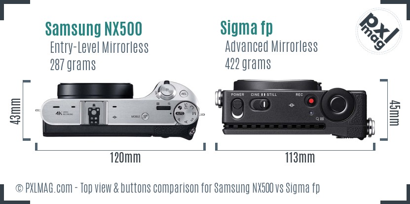 Samsung NX500 vs Sigma fp top view buttons comparison