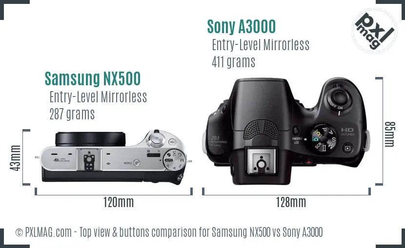Samsung NX500 vs Sony A3000 top view buttons comparison
