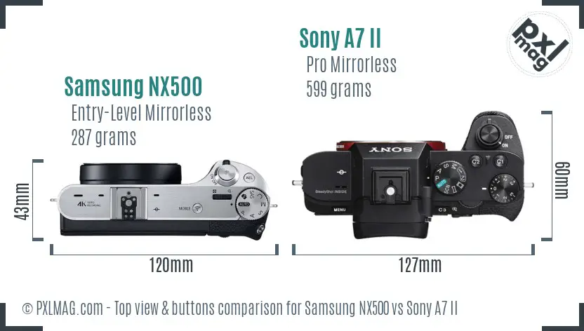 Samsung NX500 vs Sony A7 II top view buttons comparison