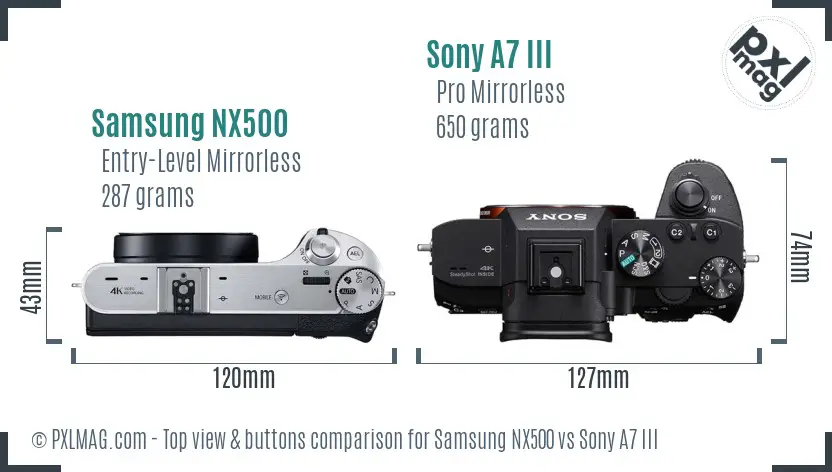 Samsung NX500 vs Sony A7 III top view buttons comparison