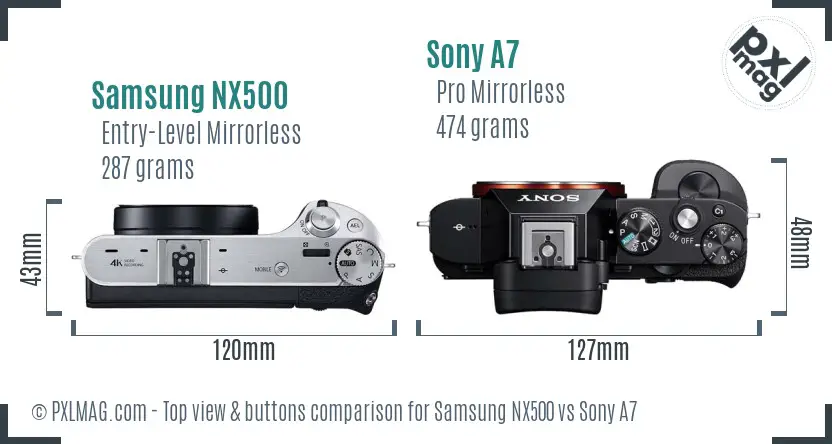 Samsung NX500 vs Sony A7 top view buttons comparison