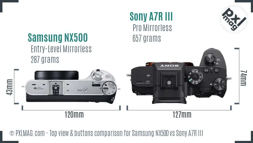 Samsung NX500 vs Sony A7R III top view buttons comparison