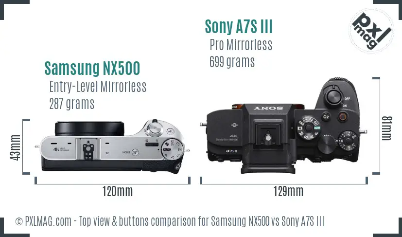 Samsung NX500 vs Sony A7S III top view buttons comparison