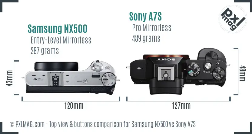 Samsung NX500 vs Sony A7S top view buttons comparison