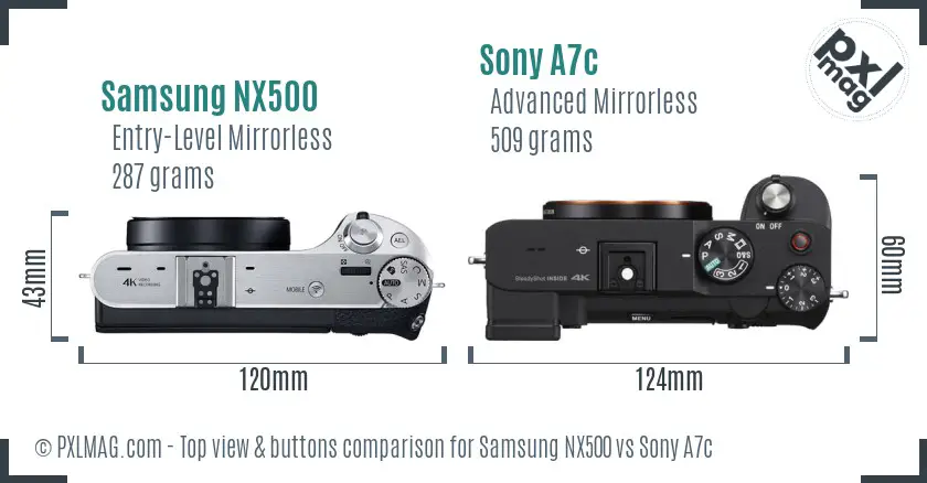 Samsung NX500 vs Sony A7c top view buttons comparison