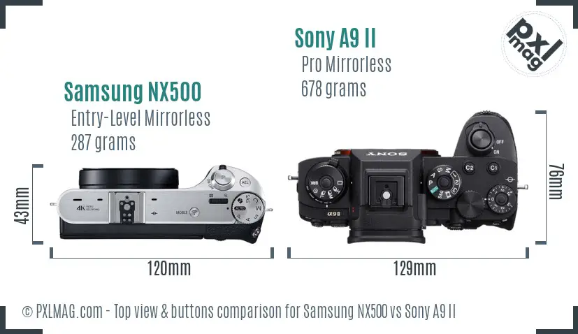 Samsung NX500 vs Sony A9 II top view buttons comparison