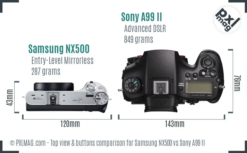 Samsung NX500 vs Sony A99 II top view buttons comparison