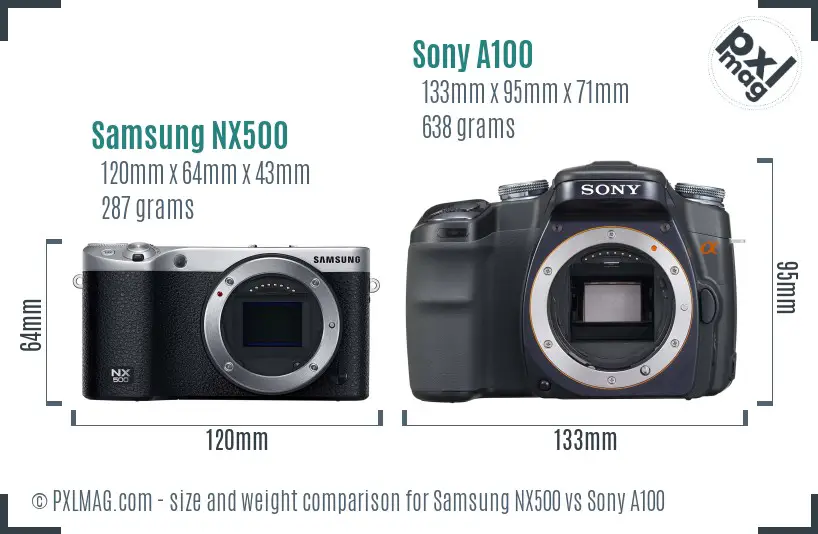 Samsung NX500 vs Sony A100 size comparison