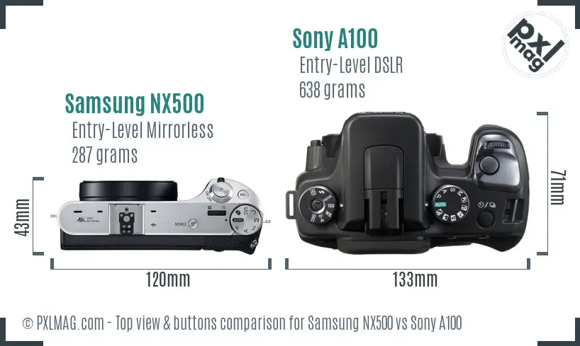 Samsung NX500 vs Sony A100 top view buttons comparison