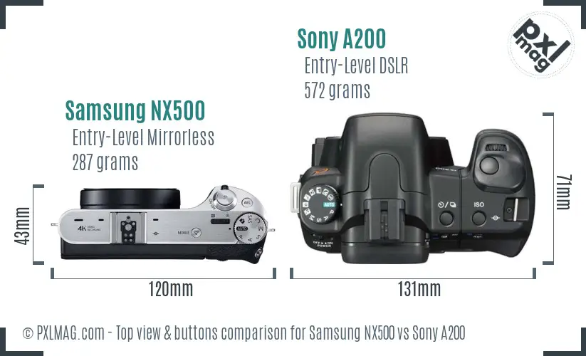 Samsung NX500 vs Sony A200 top view buttons comparison Samsung NX500 vs Sony A200 top view buttons comparison