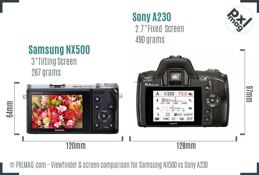 Samsung NX500 vs Sony A230 Screen and Viewfinder comparison