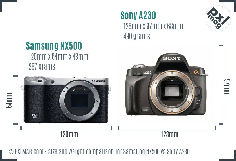 Samsung NX500 vs Sony A230 size comparison